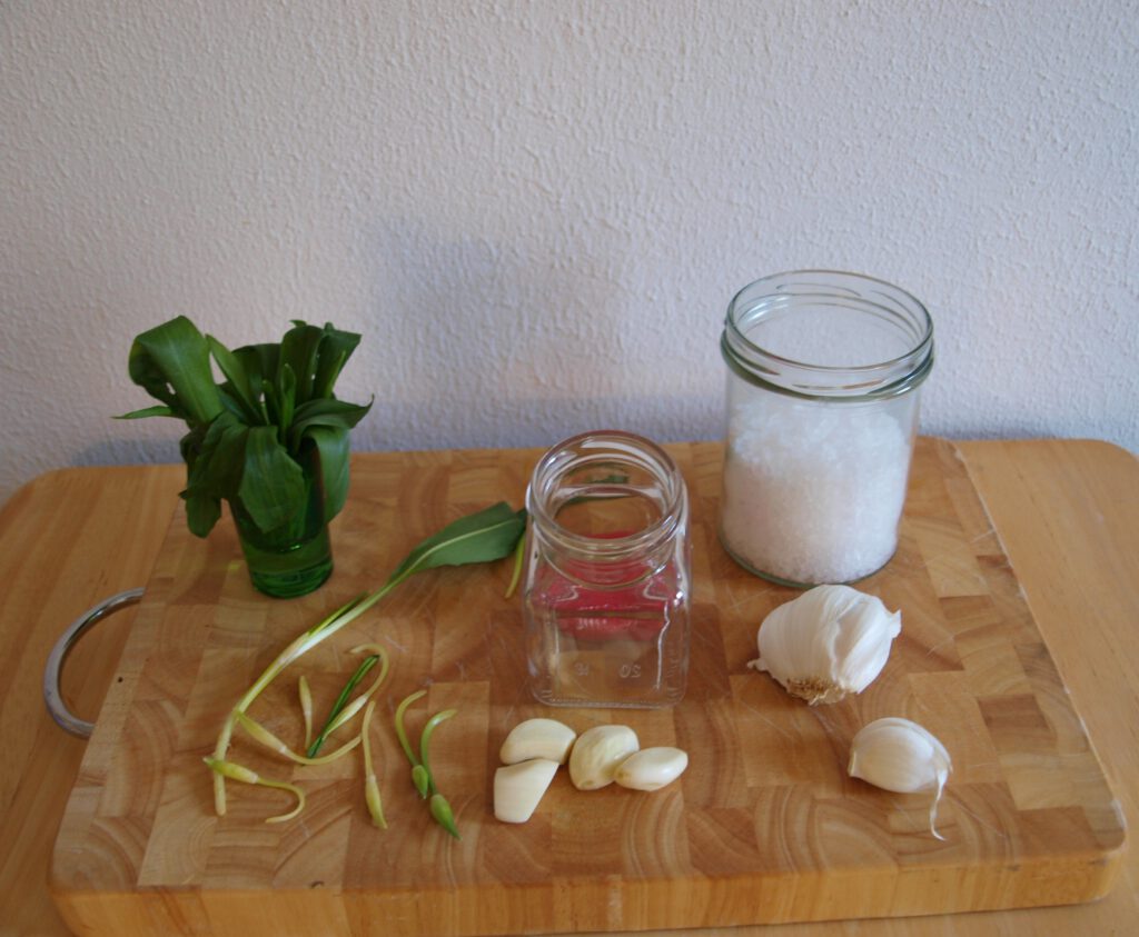 Zutaten für die Zubereitung des Bärlauch Salzes. Grobes Meersalz, Knoblauch und Bärlauchblätter mit Knospen