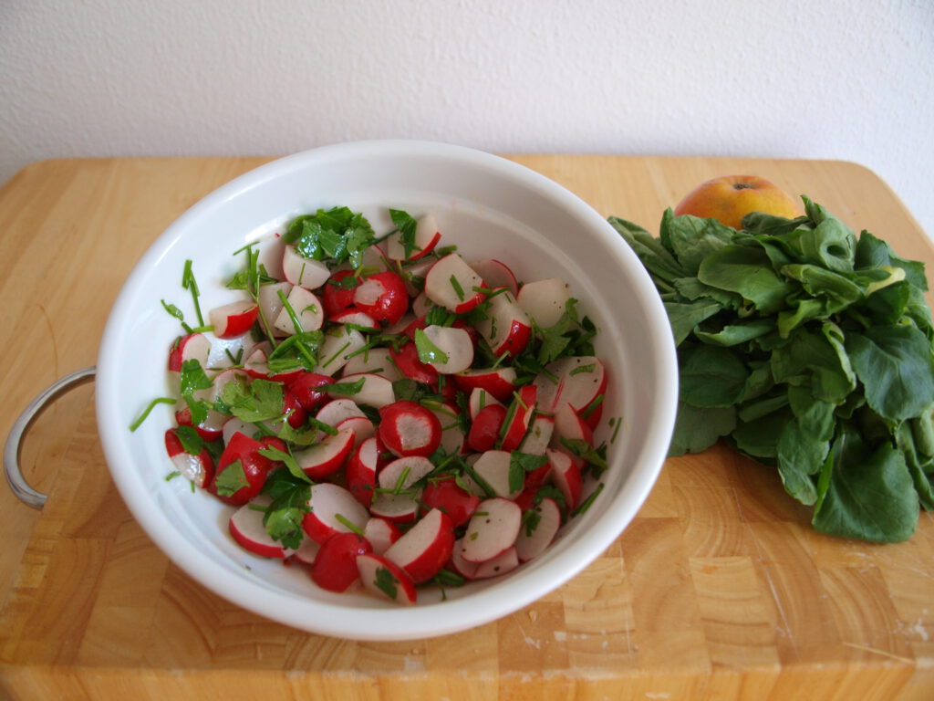 Radieschen mit Schnittlauch als fertiger Salat in Schüssel mit beigelegtem Radieschenkraut